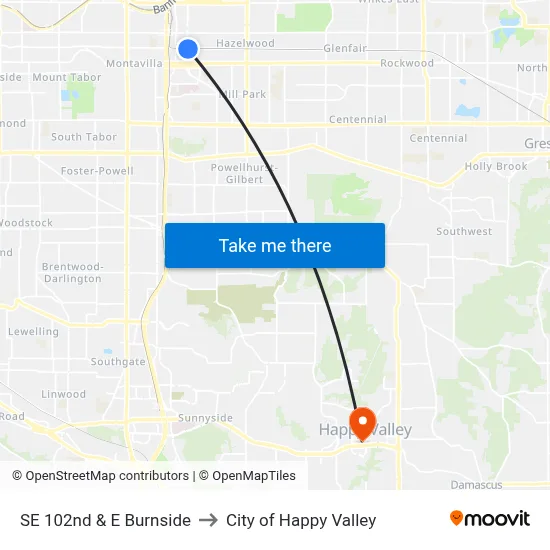 SE 102nd & E Burnside to City of Happy Valley map