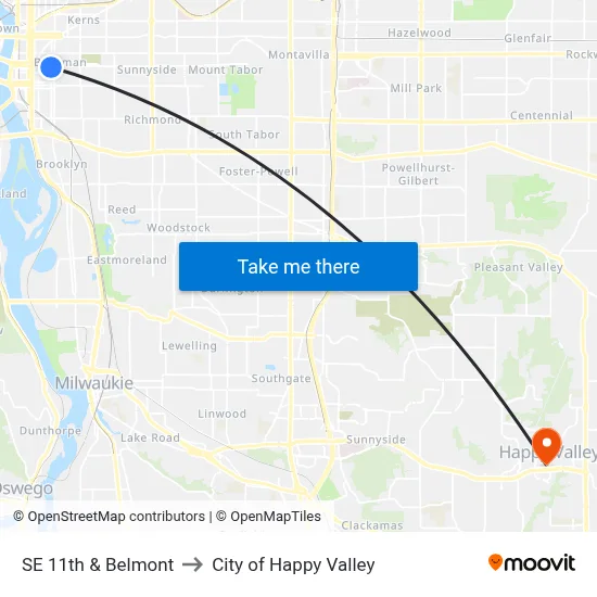 SE 11th & Belmont to City of Happy Valley map