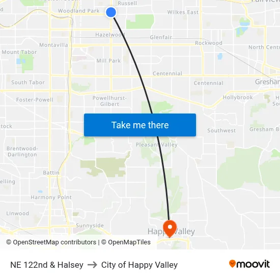 NE 122nd & Halsey to City of Happy Valley map