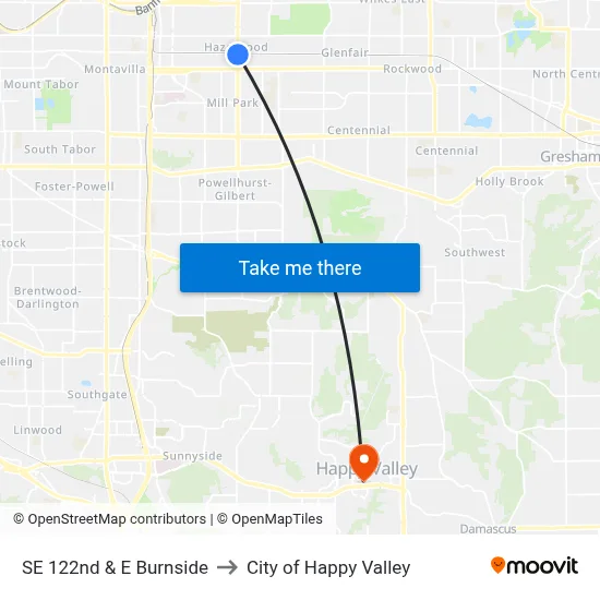 SE 122nd & E Burnside to City of Happy Valley map