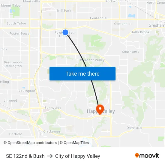 SE 122nd & Bush to City of Happy Valley map