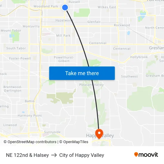 NE 122nd & Halsey to City of Happy Valley map