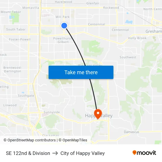 SE 122nd & Division to City of Happy Valley map