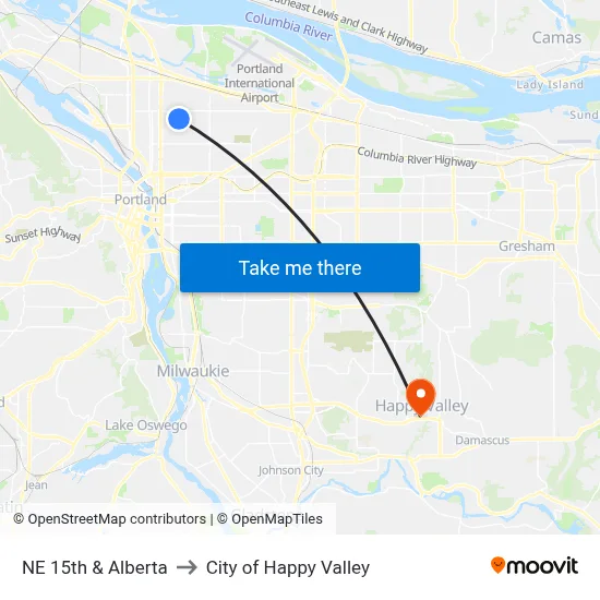 NE 15th & Alberta to City of Happy Valley map