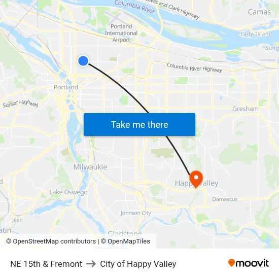 NE 15th & Fremont to City of Happy Valley map