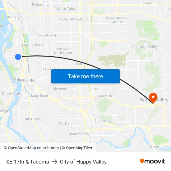 SE 17th & Tacoma to City of Happy Valley map