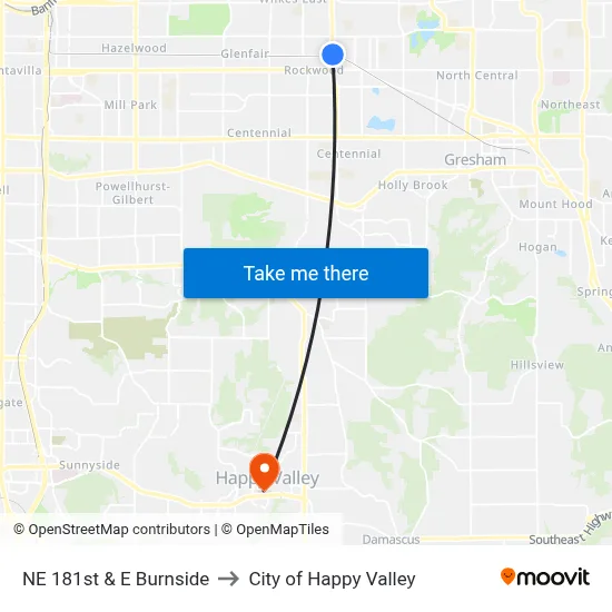 NE 181st & E Burnside to City of Happy Valley map