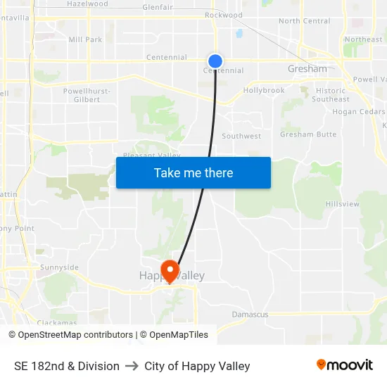 SE 182nd & Division to City of Happy Valley map