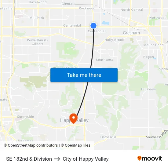 SE 182nd & Division to City of Happy Valley map
