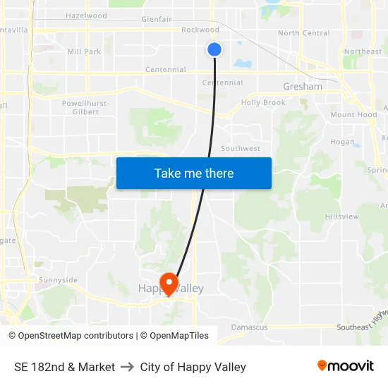 SE 182nd & Market to City of Happy Valley map