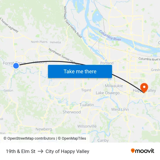 19th & Elm St to City of Happy Valley map
