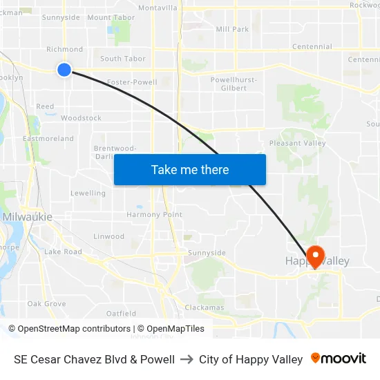 SE Cesar Chavez Blvd & Powell to City of Happy Valley map