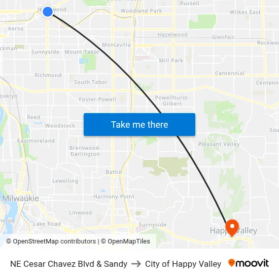 NE Cesar Chavez Blvd & Sandy to City of Happy Valley map