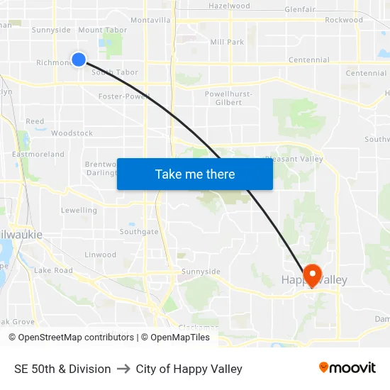 SE 50th & Division to City of Happy Valley map