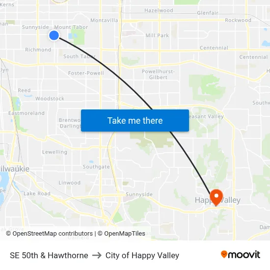 SE 50th & Hawthorne to City of Happy Valley map