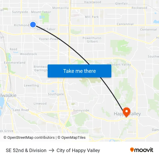 SE 52nd & Division to City of Happy Valley map