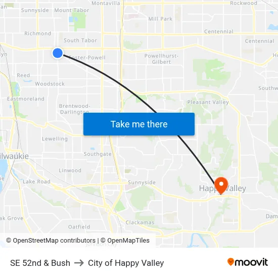 SE 52nd & Bush to City of Happy Valley map