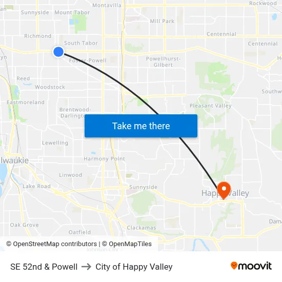 SE 52nd & Powell to City of Happy Valley map
