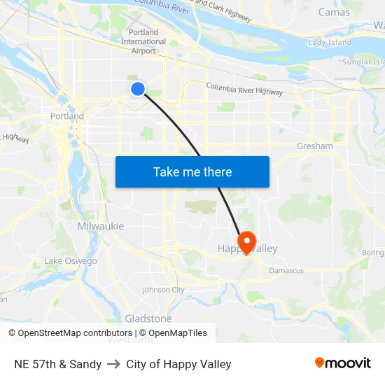 NE 57th & Sandy to City of Happy Valley map