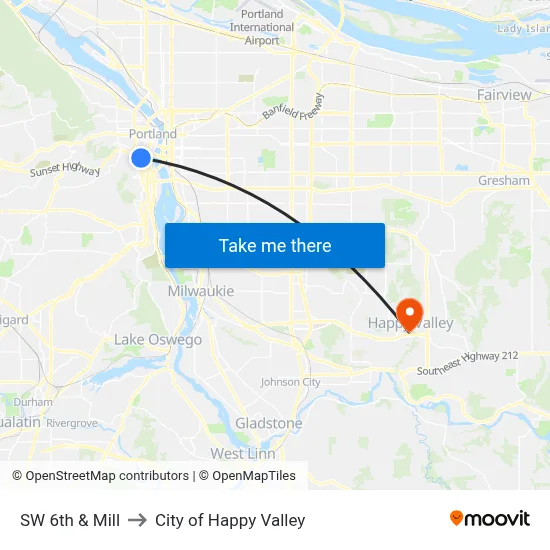 SW 6th & Mill to City of Happy Valley map
