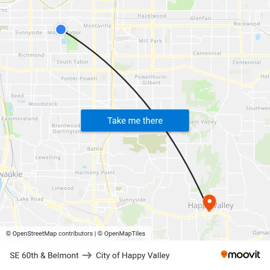 SE 60th & Belmont to City of Happy Valley map