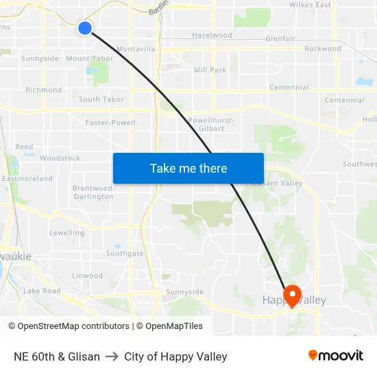 NE 60th & Glisan to City of Happy Valley map