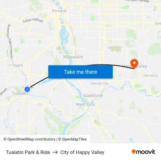 Tualatin Park & Ride to City of Happy Valley map