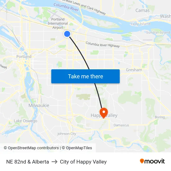 NE 82nd & Alberta to City of Happy Valley map