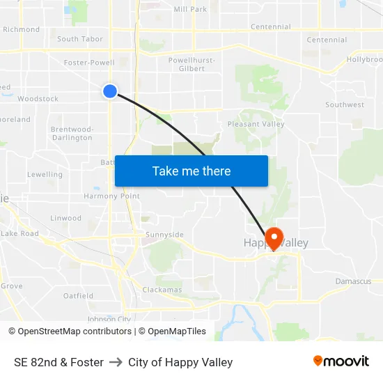 SE 82nd & Foster to City of Happy Valley map