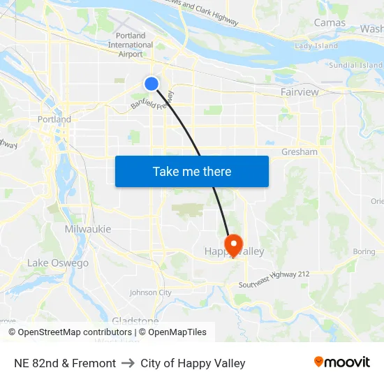 NE 82nd & Fremont to City of Happy Valley map
