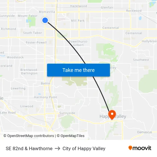 SE 82nd & Hawthorne to City of Happy Valley map