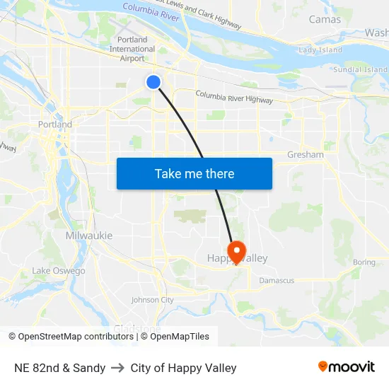 NE 82nd & Sandy to City of Happy Valley map