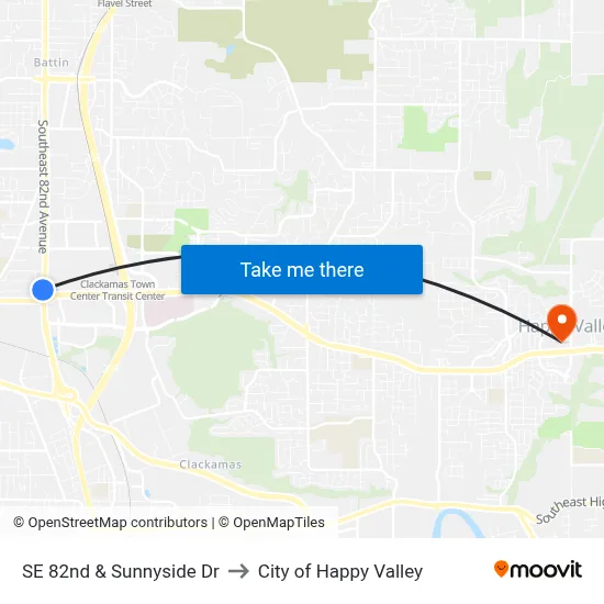 SE 82nd & Sunnyside Dr to City of Happy Valley map