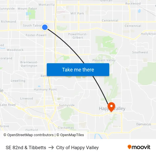 SE 82nd & Tibbetts to City of Happy Valley map