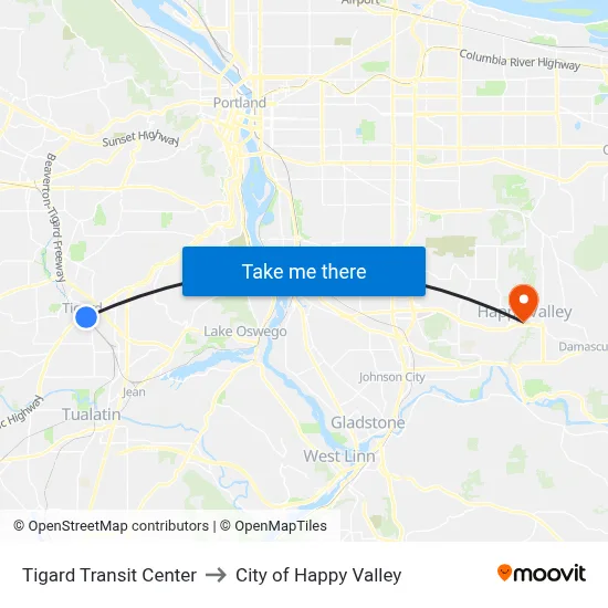 Tigard Transit Center to City of Happy Valley map