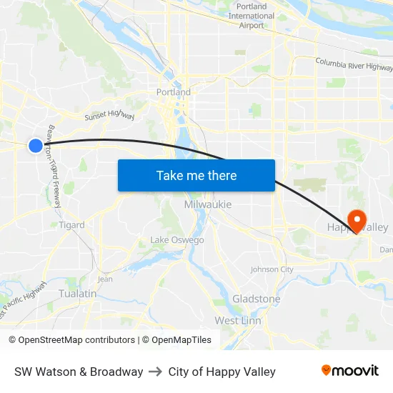 SW Watson & Broadway to City of Happy Valley map