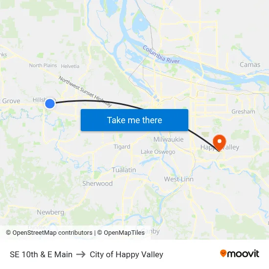 SE 10th & E Main to City of Happy Valley map
