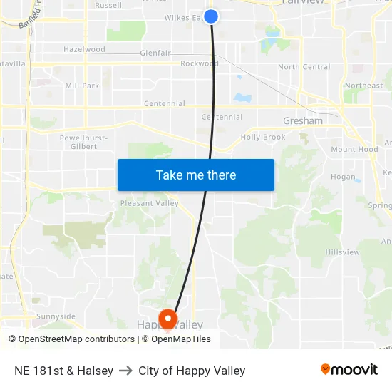 NE 181st & Halsey to City of Happy Valley map