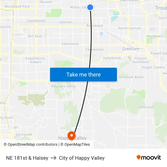 NE 181st & Halsey to City of Happy Valley map