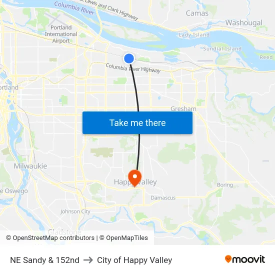 NE Sandy & 152nd to City of Happy Valley map