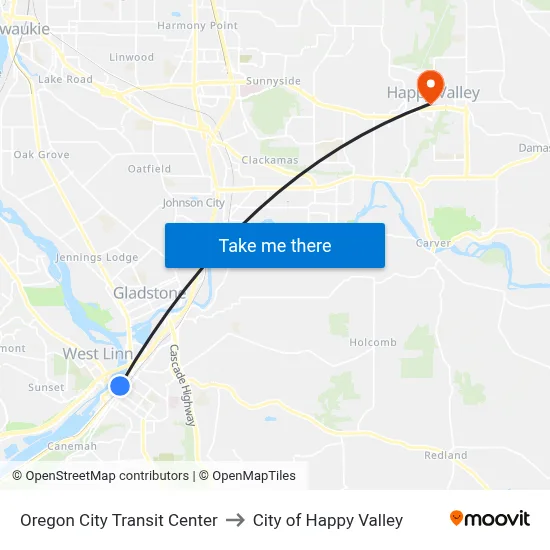 Oregon City Transit Center to City of Happy Valley map