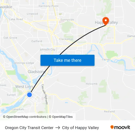 Oregon City Transit Center to City of Happy Valley map
