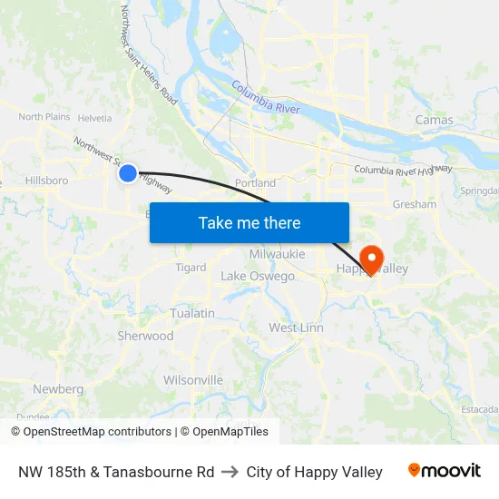 NW 185th & Tanasbourne Rd to City of Happy Valley map