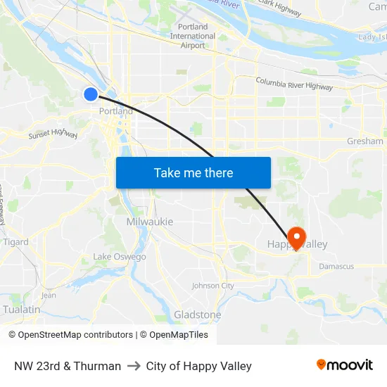 NW 23rd & Thurman to City of Happy Valley map
