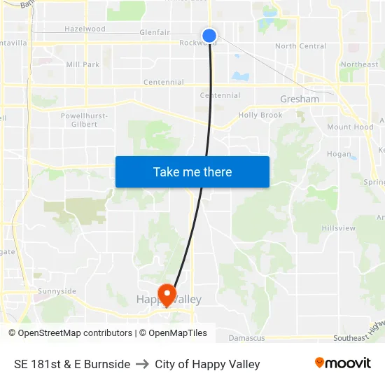 SE 181st & E Burnside to City of Happy Valley map