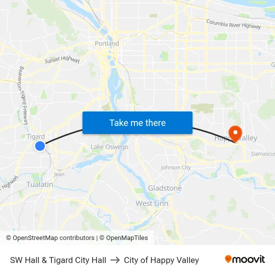 SW Hall & Tigard City Hall to City of Happy Valley map