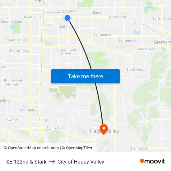 SE 122nd & Stark to City of Happy Valley map