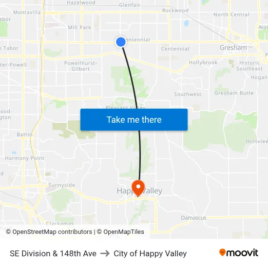 SE Division & 148th Ave to City of Happy Valley map