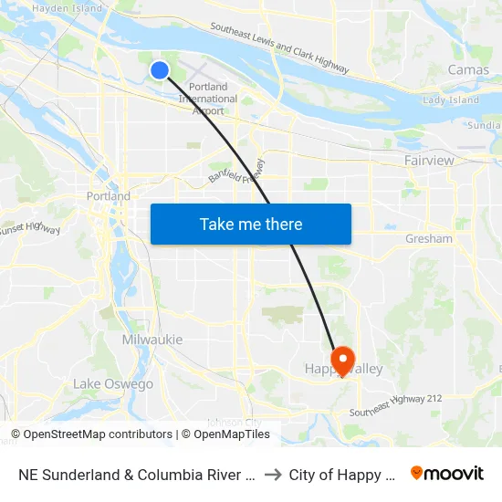 NE Sunderland & Columbia River Corr Inst to City of Happy Valley map