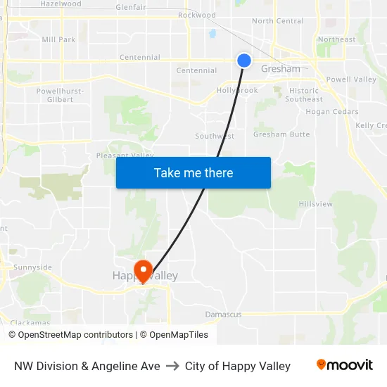 NW Division & Angeline Ave to City of Happy Valley map